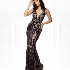 One Honey Boutique Honey Couture YASMIN Black & Beige Sequin Formal Gown NEW ARRIVALS