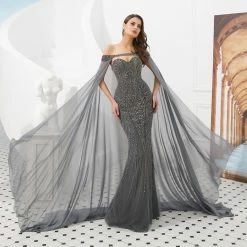 Honey Couture HADIYA Grey Crystal Beaded Gown W Cape Overlay NEW ARRIVALS