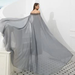 Honey Couture HADIYA Grey Crystal Beaded Gown W Cape Overlay NEW ARRIVALS