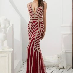 NEW ARRIVALS Honey Couture DIAMONDS 2.0 Thick Strap Red & Gold Diamante Sequin Formal Gown