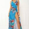 SHOP BY DRESS COLOUR Honey Couture CAMELIA Blue Floral Print Maxi Dress