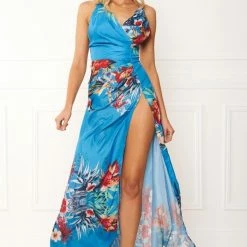 SHOP BY DRESS COLOUR Honey Couture CAMELIA Blue Floral Print Maxi Dress