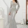 Honey Couture LOLA Silver Heavy Beaded Mesh Insert Long Sleeve Formal Gown Dress NEW ARRIVALS