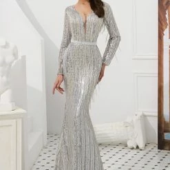 Honey Couture LOLA Silver Heavy Beaded Mesh Insert Long Sleeve Formal Gown Dress NEW ARRIVALS