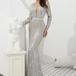 Honey Couture LOLA Silver Heavy Beaded Mesh Insert Long Sleeve Formal Gown Dress NEW ARRIVALS