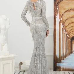 Honey Couture LOLA Silver Heavy Beaded Mesh Insert Long Sleeve Formal Gown Dress NEW ARRIVALS