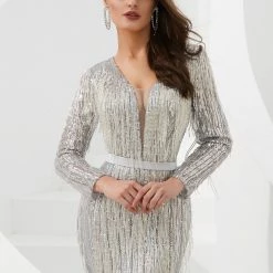 Honey Couture LOLA Silver Heavy Beaded Mesh Insert Long Sleeve Formal Gown Dress NEW ARRIVALS