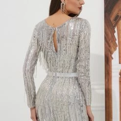 Honey Couture LOLA Silver Heavy Beaded Mesh Insert Long Sleeve Formal Gown Dress NEW ARRIVALS