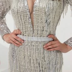 Honey Couture LOLA Silver Heavy Beaded Mesh Insert Long Sleeve Formal Gown Dress NEW ARRIVALS