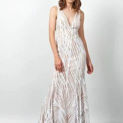 One Honey Boutique NEW ARRIVALS Honey Couture YASMIN White & Nude Sequin Formal Gown