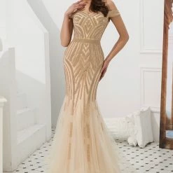 Honey Couture EVERLY Gold Diamante Beaded Tulle Skirt Formal Gown NEW ARRIVALS