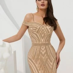 Honey Couture EVERLY Gold Diamante Beaded Tulle Skirt Formal Gown NEW ARRIVALS