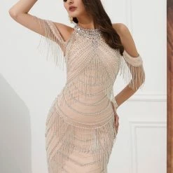 Honey Couture STELLA Champagne & Silver Beaded Halter Neck Off Shoulder Formal Gown Dress