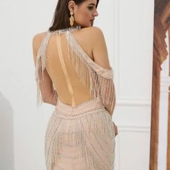 Honey Couture STELLA Champagne & Silver Beaded Halter Neck Off Shoulder Formal Gown Dress