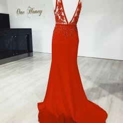 Honey Couture PATRICE Red Beaded Formal Gown Dress