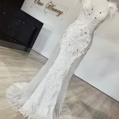 Portia & Scarlett Made To Order Portia & Scarlett FUFU White Feather Mesh Couture Beaded Formal Gown NEW ARRIVALS