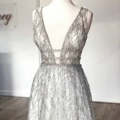 Honey Couture ENYA White & Silver Glitter Formal Gown