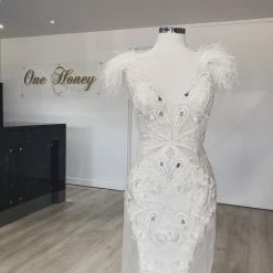 Portia & Scarlett Made To Order Portia & Scarlett FUFU White Feather Mesh Couture Beaded Formal Gown NEW ARRIVALS