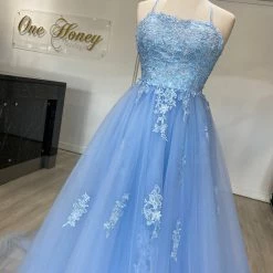 Honey Couture Made To Your Measurements NEW ARRIVALS Honey Couture FREYA Beaded Applique Corset Lace Up Back Tulle Skirt Formal Dress