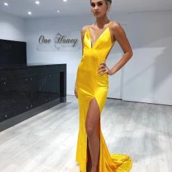 Honey Couture MILEE Yellow Low Back Mermaid Evening Gown Dress W Leg Split NEW ARRIVALS