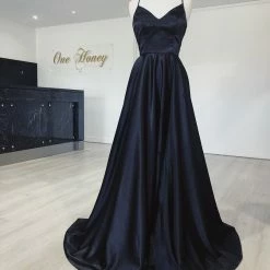 Honey Couture Made To Your Measurements NEW ARRIVALS Honey Couture NIKOLINA Satin V Front Lace Up Back Made To Order Formal Dress