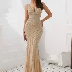 Honey Couture DIAMONDS 2.0 Thick Strap Gold Diamante Sequin Formal Gown