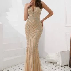 Honey Couture DIAMONDS 2.0 Thick Strap Gold Diamante Sequin Formal Gown