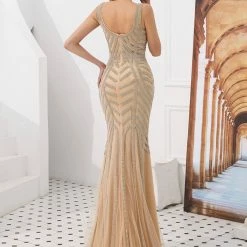 Honey Couture DIAMONDS 2.0 Thick Strap Gold Diamante Sequin Formal Gown