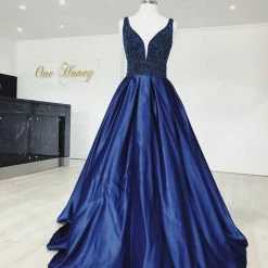 NEW ARRIVALS Honey Couture EMELY Royal Blue Beaded Ball Gown Formal Dress