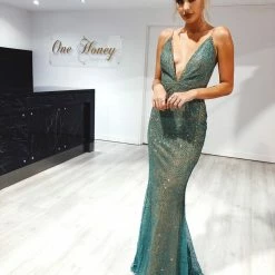 NEW ARRIVALS Honey Couture THESSY Green Mermaid Sequin Formal Gown Dress