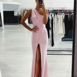 Honey Couture EVANGELINE Baby Pink One Shoulder Formal Dress
