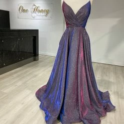 Honey Couture Made To Your Measurements NEW ARRIVALS Honey Couture TAHLIA Glitter Fabric Lace Up Back Formal Dress