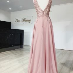 Honey Couture Made To Your Measurements NEW ARRIVALS Honey Couture ALICIA Lace Beaded Applique Bodice Chiffon Skirt Formal Dress