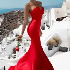 Tina Holly Couture Made To Order Tina Holly Couture Designer BA651 Red Satin Strapless Mermaid Formal Dress