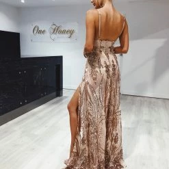 Honey Couture AZALIA Gold Split Front Sequin Formal Dress NEW ARRIVALS