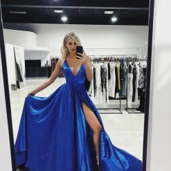 Honey Couture Made To Your Measurements Honey Couture KATHLEEN Satin V Front Lace Up Back Formal Gown NEW ARRIVALS