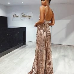 Honey Couture AZALIA Gold Split Front Sequin Formal Dress NEW ARRIVALS
