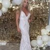 One Honey Boutique NEW ARRIVALS Honey Couture YASMIN White & Nude Sequin Formal Gown