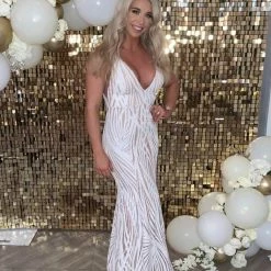 One Honey Boutique NEW ARRIVALS Honey Couture YASMIN White & Nude Sequin Formal Gown