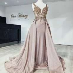 Honey Couture MEESHA Pink Crystal Over Skirt Princess Gown NEW ARRIVALS