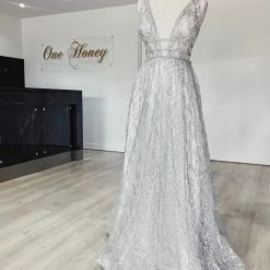 Honey Couture ENYA White & Silver Glitter Formal Gown