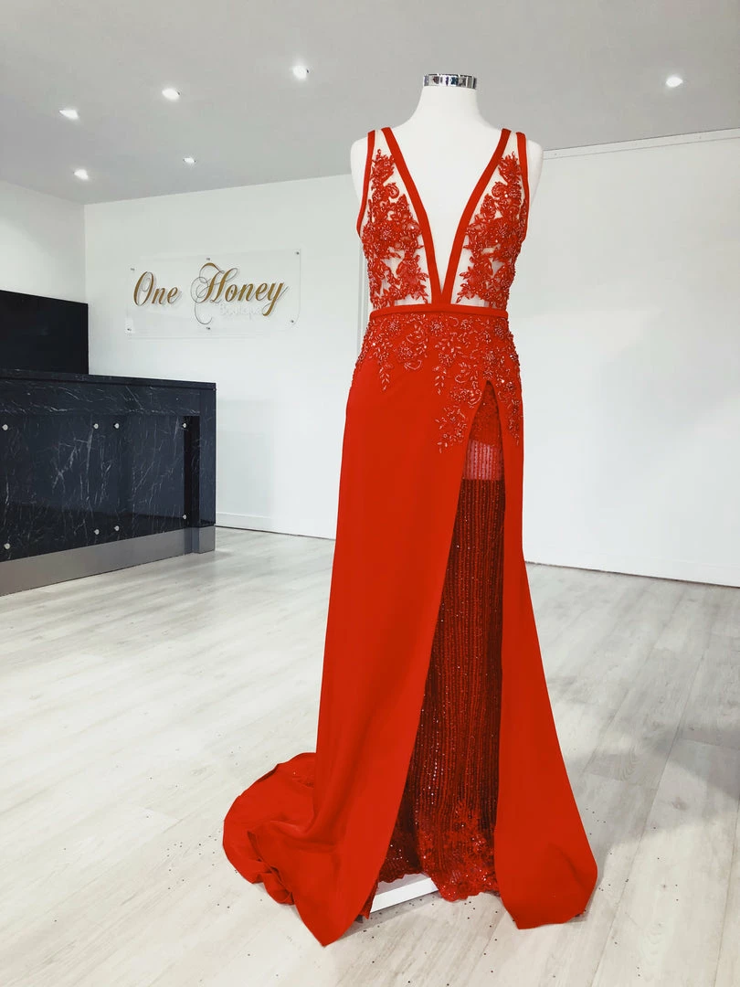 Honey Couture PATRICE Red Beaded Formal Gown Dress 3 Honey Couture PATRICE Red Beaded Formal Gown Dress