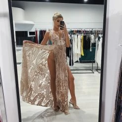 Honey Couture AZALIA Gold Split Front Sequin Formal Dress NEW ARRIVALS