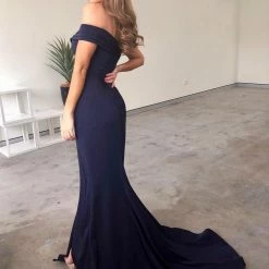 Tina Holly Couture Made To Order NEW ARRIVALS Tina Holly Couture Designer BA155 Navy French Satin Off Shoulder Gown