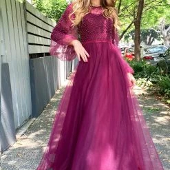 Tina Holly Couture Made To Order Tina Holly Couture BA204 Plum Beaded Pearls & Lace Long Sleeve Formal Dress NEW ARRIVALS