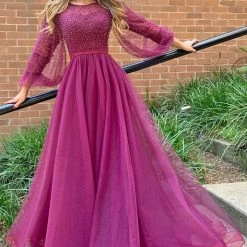Tina Holly Couture Made To Order Tina Holly Couture BA204 Plum Beaded Pearls & Lace Long Sleeve Formal Dress NEW ARRIVALS