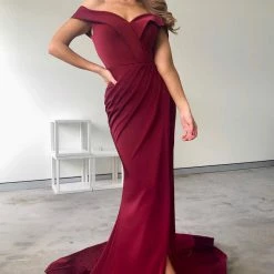 Tina Holly Couture Made To Order Tina Holly Couture BA306 Wine French Satin Off Shoulder Mermaid Dress NEW ARRIVALS