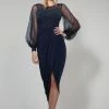 Tina Holly Couture Made To Order Tina Holly Couture Designer BA356 Navy Blue Pearl Long Sleeve Midi Dress NEW ARRIVALS