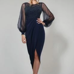Tina Holly Couture Made To Order Tina Holly Couture Designer BA356 Navy Blue Pearl Long Sleeve Midi Dress NEW ARRIVALS