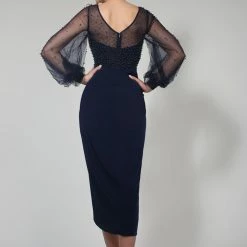 Tina Holly Couture Made To Order Tina Holly Couture Designer BA356 Navy Blue Pearl Long Sleeve Midi Dress NEW ARRIVALS